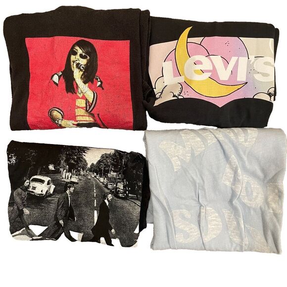 4 Graphic T-Shirts Bundle Levi’s, Retro, Indie Rock, J Crew Multicolor Men/Women - Picture 1 of 7